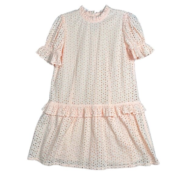 Wishing Waves Eyelet Mini Dress Small Peach Drop Waist Cottage Spring Easter - Picture 1 of 8